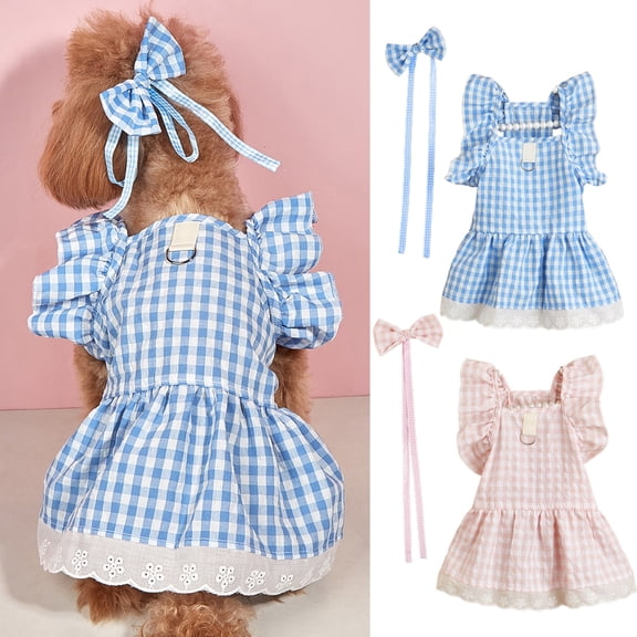 Naierhg Summer Dog Clothes Bow Headdress Ruffled Sleeve Lace Hem Pullover Elegant Dressing-Up Soft Plaid Dress Pet Cat Two-legged Clothes Puppy Costume Pink