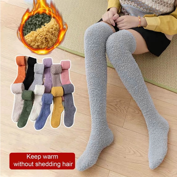 Naierhg Thermal socks 1 Pair Japanese Style Thickened Coral Fleece Solid Color Thigh Stockings Autumn Winter Women Warm Over Knee Socks Green