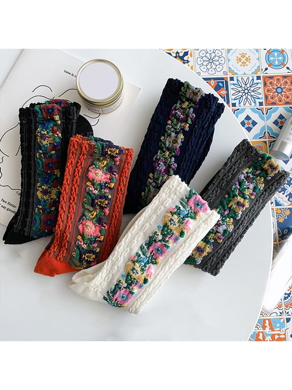 Thermal socks 1 Pair Middle Tube Twist Warm Women Socks Flower Pattern Ethnic Print Crew Socks for Autumn Winter Dark Gray