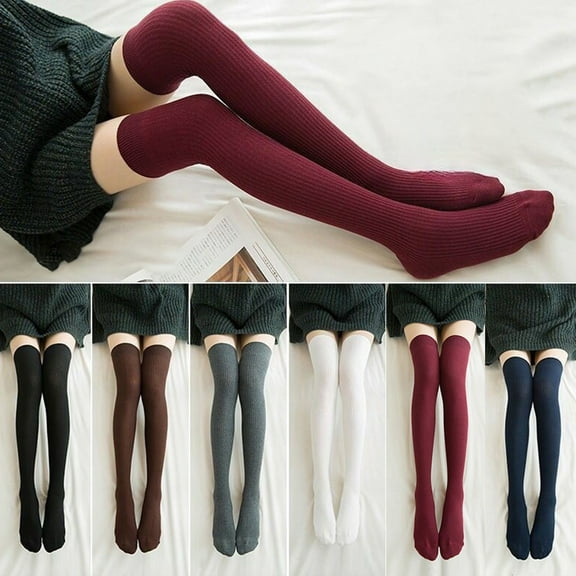 Naierhg Thermal socks 1 Pair Women Socks Vertical Stripe Solid Color Thigh High Long Tube Spring Autumn Good Stretch Beauty Leg Stockings Streetwear White
