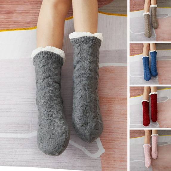 Naierhg Thermal socks 1 Pair Women Winter Socks Thick Soft Plush Color Matching Mid-tube Elastic Anti-slip Thermal Knitted Anti-skid Bottom Floor Socks Lady Homewear Socks Purple