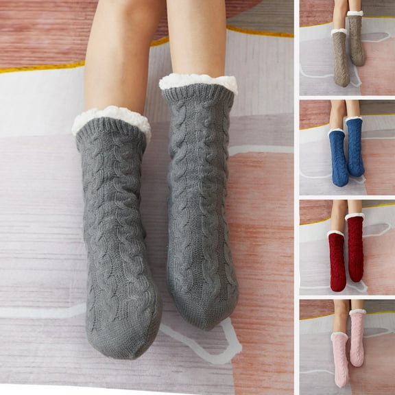 Naierhg Thermal socks 1 Pair Women Winter Socks Thick Soft Plush Color Matching Mid-tube Elastic Anti-slip Thermal Knitted Anti-skid Bottom Floor Socks Lady Homewear Socks Navy Blue