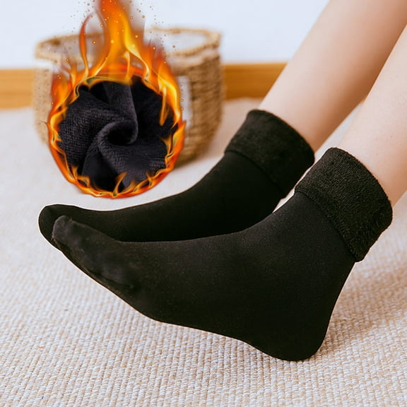Naierhg Thermal socks 1 Pairs Solid Color Plush Lining Unisex Socks Super Soft Middle Cut Elastic Crew Socks for Autumn Winter Black