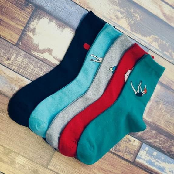 Naierhg Thermal socks Autumn Winter Funny Cartoon Solid Color Elastic Cotton Middle Tube Crew Socks Light Blue
