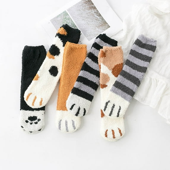 Naierhg Thermal socks Cartoon Women Autumn Winter Cats Paws Coral Fleece Homewear Warm Floor Socks Black