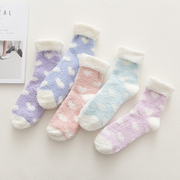 Naierhg Thermal socks Winter Cute Women Heart Print Thermal Coral Fleece Middle Tube Home Floor Socks Pink