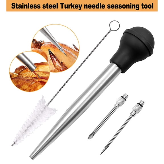 Naierhg Turkey Baster with Silicone Suction Bulb Includes 2 Detachable Needles Cleaning Brush Stainless Steel Turkey Oil Dropper Flavor Needle