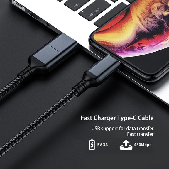 Naierhg Type-C Data Cable 2-in-1 Plug Play Stable Output Portable 3A Fast Charging 1.2m Mobile Phone Charger USB-C Cable Black
