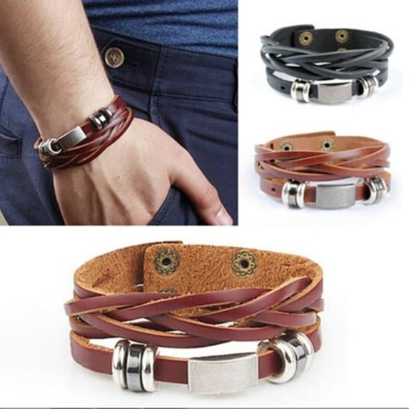 Naierhg Vintage Men's Women's Faux Leather Multilayer Bracelet Bangle Wristband Jewelry