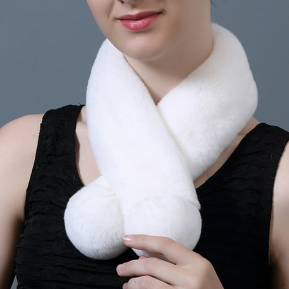 Naierhg Winter Scarf Cross Scarf Faux Rabbit Fur Fuzzy Thickened Pompoms Soft Cold Resistant Solid Color Autumn Winter Women Neck Warmer Collar Scarf for Outdoor Rose Red