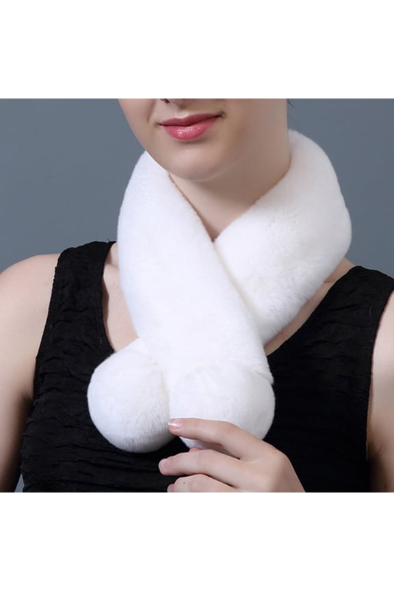 Winter Scarf Cross Scarf Faux Rabbit Fur Fuzzy Thickened Pompoms Soft Cold Resistant Solid Color Autumn Winter Women Neck Warmer Collar Scarf for Outdoor Dark Gray