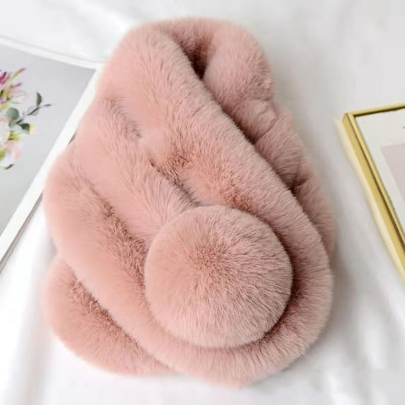 Naierhg Winter Scarf Faux Fur Solid Color Winter Scarf Plush Ball Wide Thickened Furry Scarf Wrap Fashion Accessories Cream-coloured