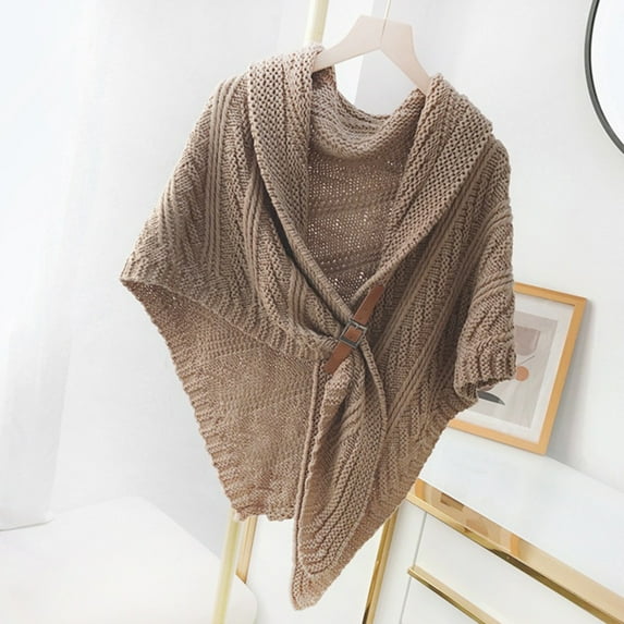Naierhg Winter Scarf Faux Leather Buckle Fine Craftsmanship Thick Warm Knitted Scarf Women Autumn Winter Large Solid Scarf Poncho Coffee