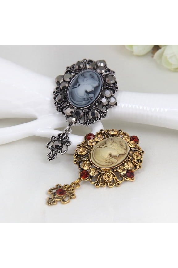 Women Brooch Retro Victorian Human Profile Rhinestone Decor Anti-slip Hollow Out Suit Coat Collar Hat Scarf Decoration Clothes Pin Prom Party Garment Jewelry