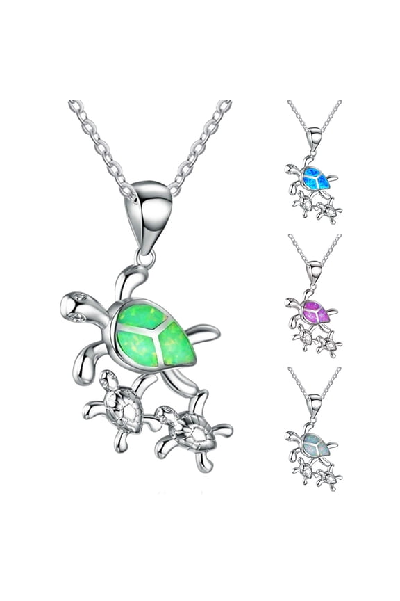 Women Cute Mom Turtle Faux Opal Inlaid Pendant Necklace Animal Jewelry