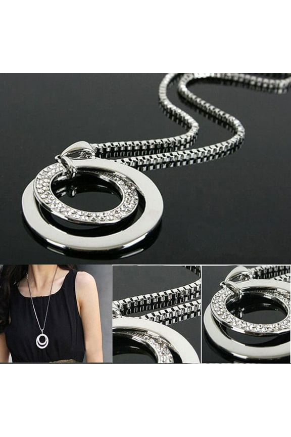 Women Double Circles Rhinestone Inlaid Long Chain Necklace Jewelry Gift