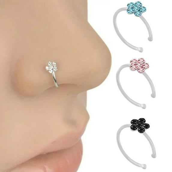Naierhg Women Fashion Rhinestone Inlaid Flower Shape Nose Ring Body Piercing Jewelry Black