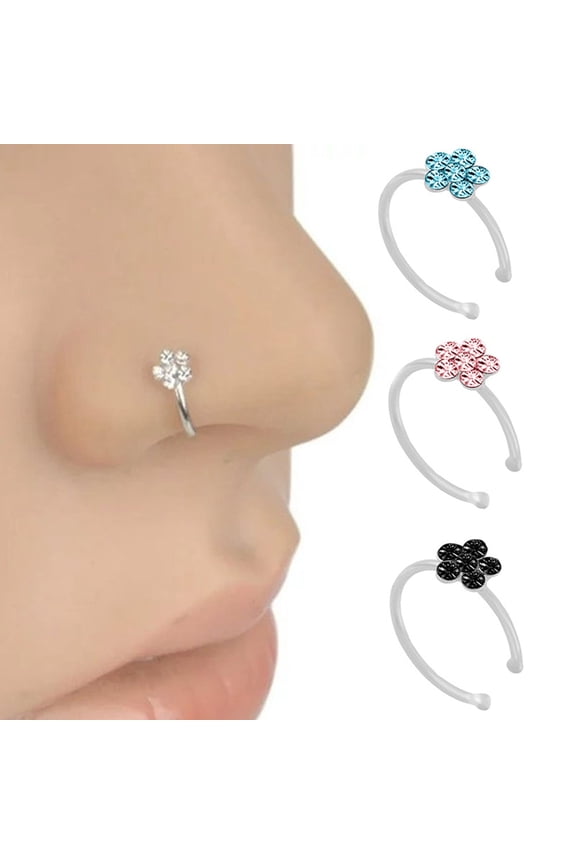 Women Fashion Rhinestone Inlaid Flower Shape Nose Ring Body Piercing Jewelry Red