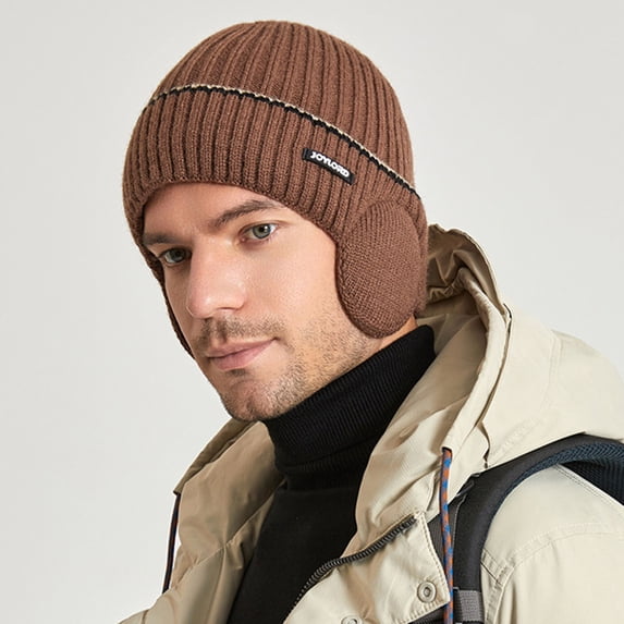 Naierhg Women Men Winter Beanie Hat Solid Color Unisex Knit Wool Hat Thickened Ribbed Fleece Lined Hat with Earflaps for Winter Coffee