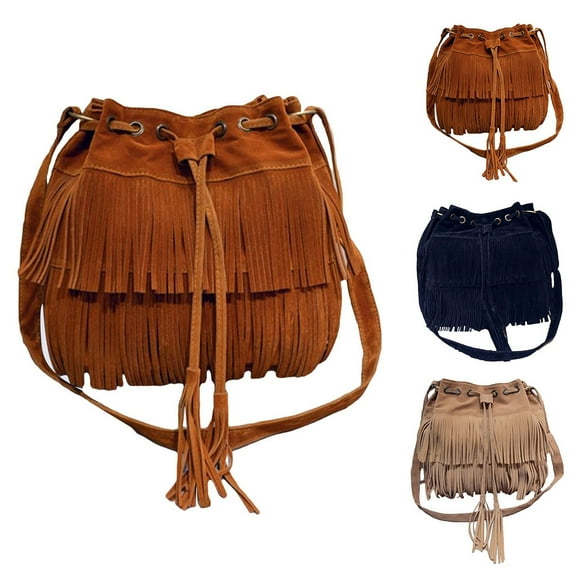Naierhg Women Solid Color Fringe Tassels Drawstring Crossbody Shoulder Suede Bucket Bag Camel