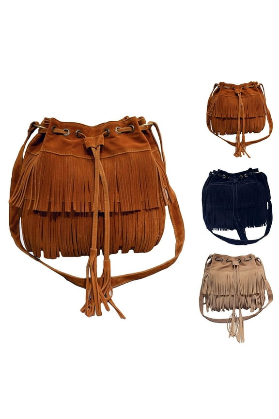 Women Solid Color Fringe Tassels Drawstring Crossbody Shoulder Suede Bucket Bag Camel