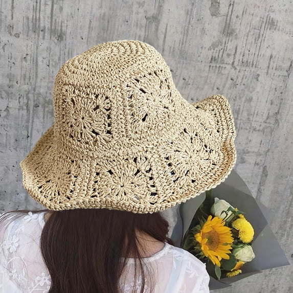 Naierhg Women Summer Solid Color Crochet Straw Hat Foldable Wide Brim UV Protection Hollow Breathable Beach Bucket Sun Hat Khaki