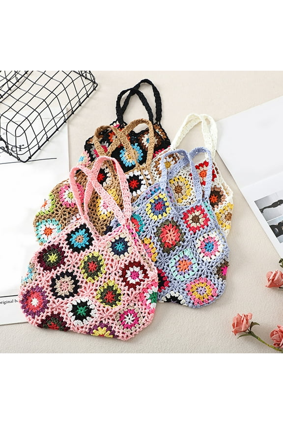 Women Tote Bag Floral Crochet Large Capacity Handmade Vintage Multicolor Hollow Out Handbag for Travel