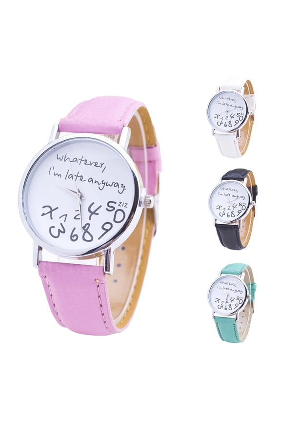 Women Whatever Im Late Anyway Letter Round Dial Faux Leather Strap Quartz Watch
