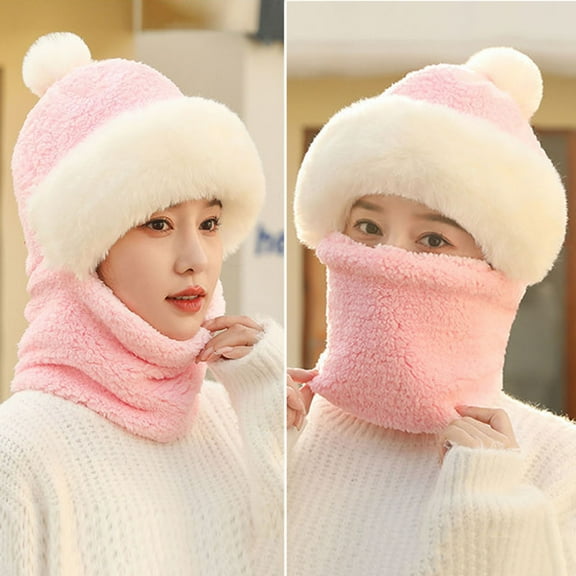 Naierhg Women Winter Beanie Hat with Scarf Warm Knitted Windproof Padded Thickened Cycling Integrated Hat Scarf for Winter Pink