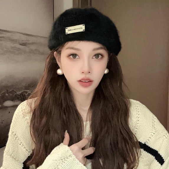 Naierhg Women Winter Beret Hat Fuzzy Solid Color Soft Cold Resistant Foldable Vintage Faux Fur Sunscreen Women Autumn Painter Hat Advanced Hat for Winter Grey