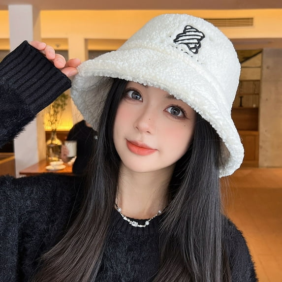 Naierhg Women Winter Fisherman Hat Thick Plush Cartoon Bear Embroidery Flat Top Windproof Warm Soft Anti-slip Lady Bucket Cap Winter Headwear for Winter Black