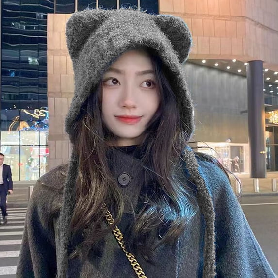 Naierhg Women Winter Hat Knitted Soft Thick Ear Protection Solid Color Elastic Cartooon Ear Decor Warm Heat Retention Unisex Couple Cap for Winter Khaki