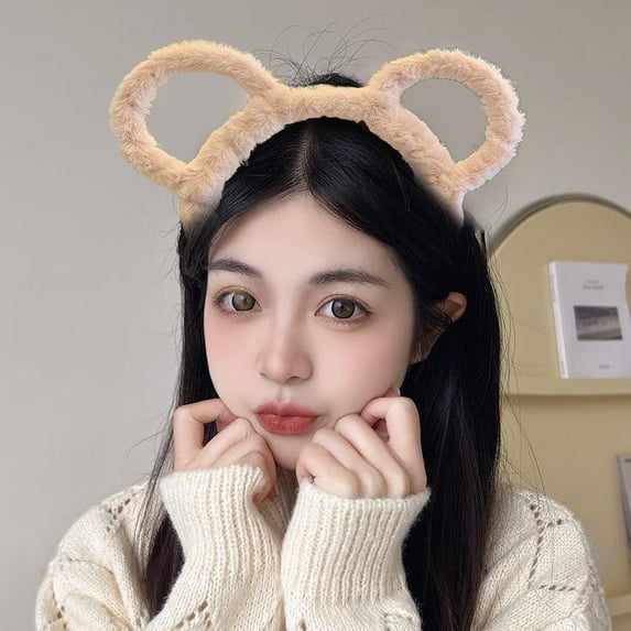 Naierhg Women Winter Thick Plush Headband Round Bear Ears Makeup Hair Hoop Elastic Candy Color Headgear Hair Accessories Grey