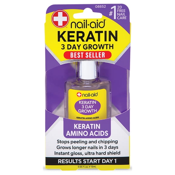 Nail-Aid Keratin 3 Day Growth, Keratin Amino Acid Nail Treatment for Soft, Weak, Peeling & Chipping Nails, Vitamin B5 + Vitamin E, Ultra-Hard Glossy Finish, 0.55 FL oz