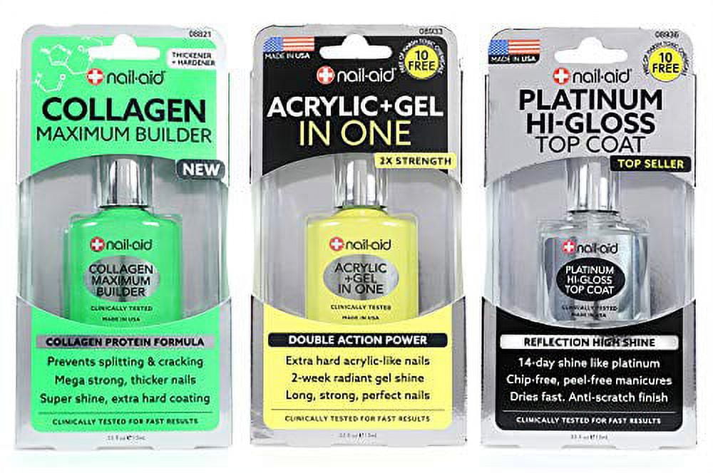 NailAid 3pk Of Collagen Base + Acrylic Gel In 1 + Platinum Top Coat