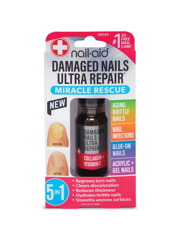 Damaged Nails Multi-Repair 5-in-1, Maximum Collagen + Vitamin E Serum for Discolored, Thick, Uneven, Brittle, Cracked & Torn Fingernails or Toenails, 0.5 FL oz