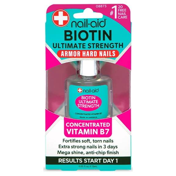 Nail-Aid Biotin Ultimate Strength, Concentrated Vitamin B7 Nail Strengthener for Soft, Torn, Peeling & Breaking Nails, Vitamin B5, Anti-Chip Mega-Shine Finish, 0.55 FL oz