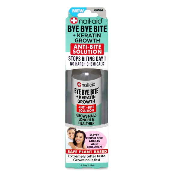 Nail-Aid Bye Bye Bite + Keratin Growth Anti-Bite Solution, Extremely Bitter Plant-Based Nail Treatment for Nail Biting, Chewing & Thumb Sucking, Matte Finish, 0.5 FL oz