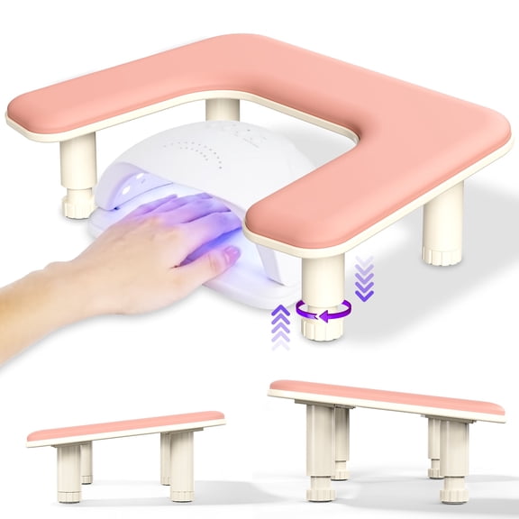 Nail Arm Rest with Height Adjustable Leg,U-shaped Manicure Nail Hand Rest Pillow Cushion, Spiral Lift 25mm Arm Rest for Nails Tech for Manicurists(Pink)