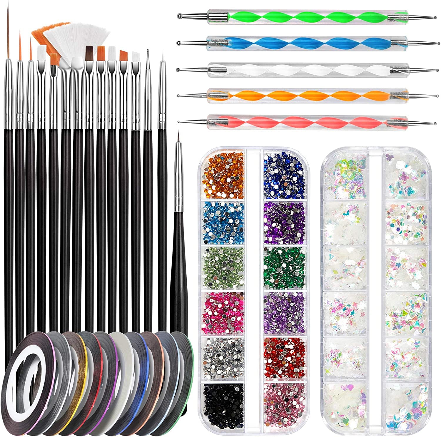 Nail Art Brush, 3D Nail Art Decorations Kit with Nail Pen Designer Dotting Tools Colors Holographic Nail Glitter Foil Flakes Nail Tape Strips Nails Rhinestones Professional Nail Accessories