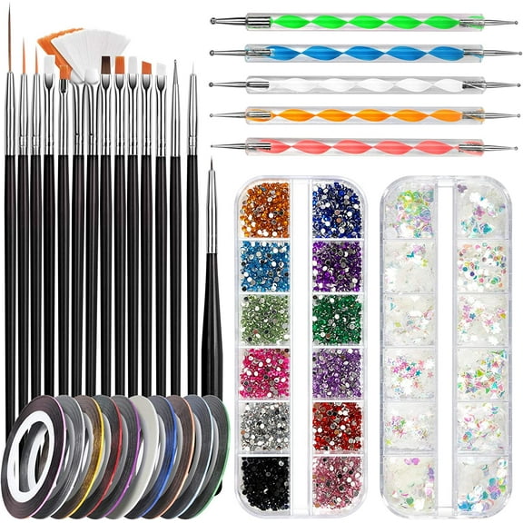 Nail Art Brush, 3D Nail Art Decorations Kit with Nail Pen Designer Dotting Tools Colors Holographic Nail Glitter Foil Flakes Nail Tape Strips Nails Rhinestones Professional Nail Accessories