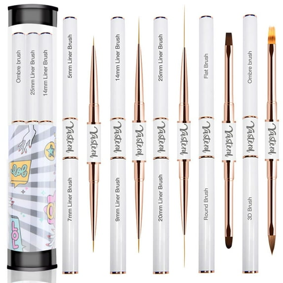 Nail Art Brush Set-5pcs Double-Ended Nail Art Brushes for Long Lines, Thin Liner brush for Nails Detail, Nail Design Brush Ombre Brush 3D Brush Kits for Gel Polish Acrylic Nail Drawing (White)