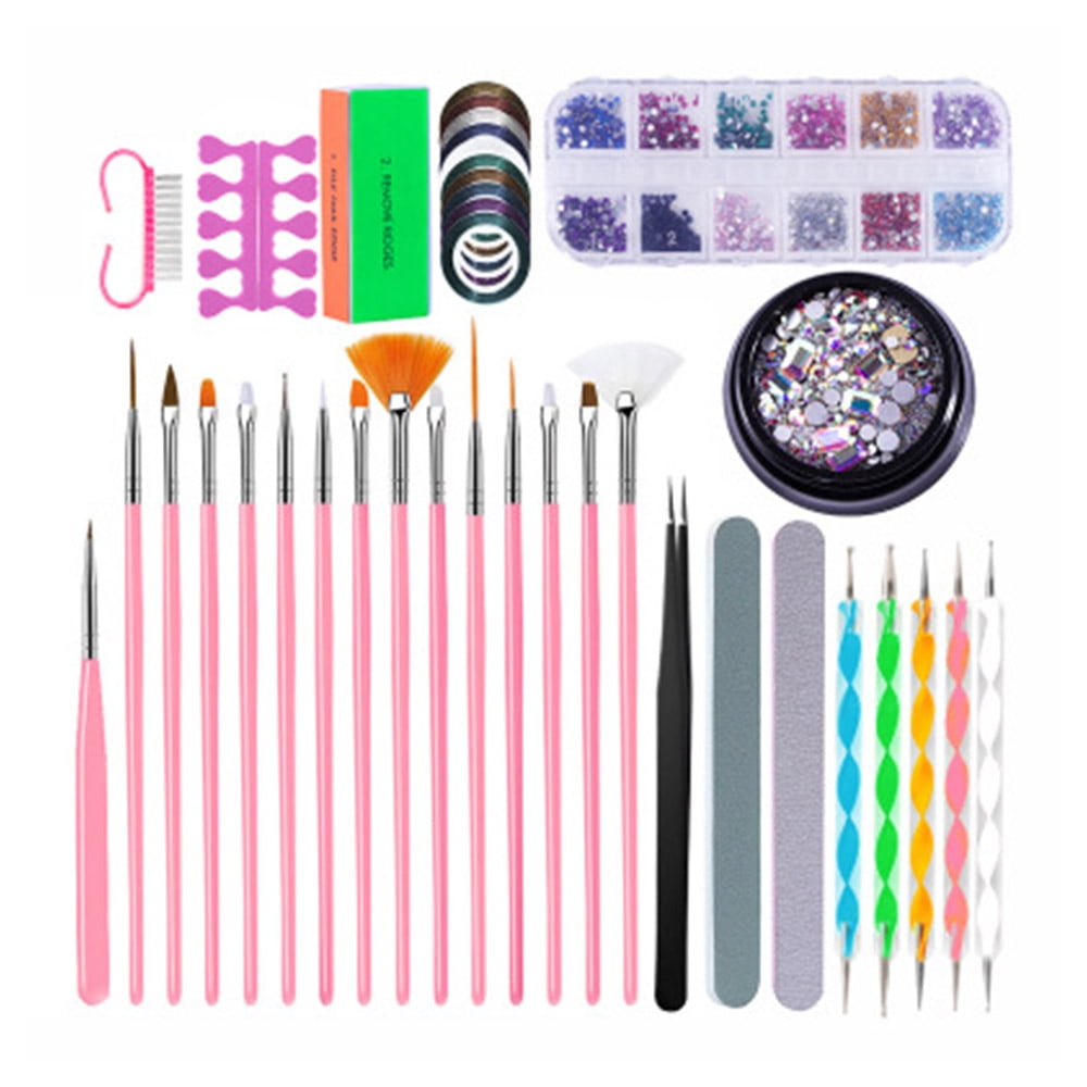 VAGA Nail Art Supplies Acrylic Nail Kit With 5 Nail Dotting Tools, Nail Art  Brushes 3pc Nail Brush Set, Nail Gems And Rhinestones, A Professional
