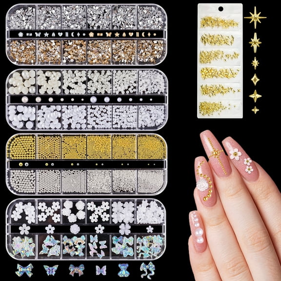Nail Art Charms Set Resin Ornaments Pearls Rhinestones Steel Beads Glow Decorations for DIY Nail Designs, Mixed Shapes Butterflies Hearts Stars Bows, Beginner-Friendly 3D Nails Art Gem Kit