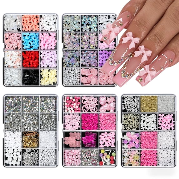 Nail Art Charms Kit with 3D Bows, Rhinestones, Pearls & Metal Decorations, Multi-Style Mixed Shapes DIY Nail Art Supplies with Storage Box for Manicure Decoration (A)