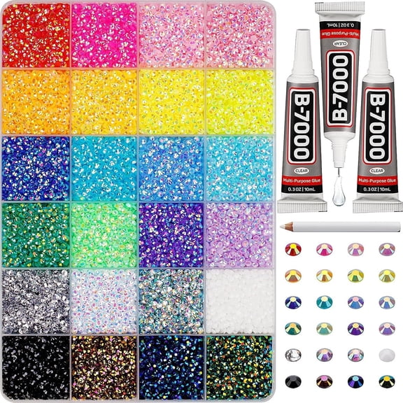 Nail Art Decoration DIY Materials: Multi-color Flat-back Resin Rhinestones + Jewelry Glue Set | Essential for Diamond Painting/Phone Case Crafting (24,000 pieces)
