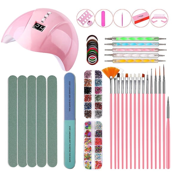 Nail Art Kit 15pcs Nail Brushes Set 5pcs Dotting Pens 6 Nail Files 36W Nail Dryer 10 Rolls Gold and Silver Wire 2 Boxes of Decors and 5 Nail Tools Man