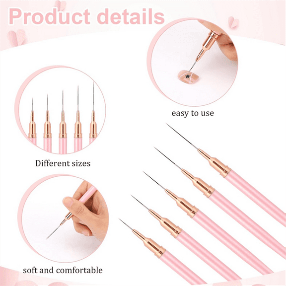 Nail Art Liner Brushes, 5Pcs Painting Nail Art Brush Set Nail Dotting Drawing Tool Nail Art Design Brush Detail Brush Metal Pink,5 x Nail Art Brush(5/8/12/20/25mm)