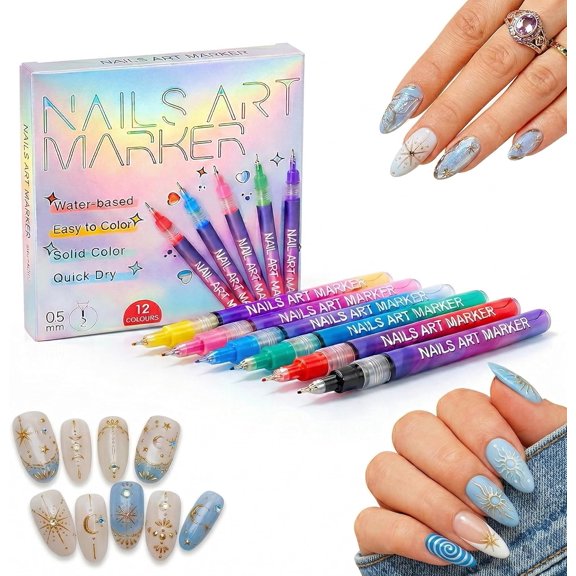 Nail Art Markers 12 Colors Nail Art Pens Set Fine Tip Nail Pens for Nail Art, Quick Dry Nail Markers, Nail Art Pens for Painting Nails, Easy DIY for Beginners & Home Use