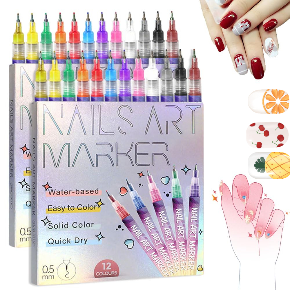 Nail Art Markers for Gel Nails 12 Colors Nail Art Pens Set,2025 DIY Nail Art Marker Drawing Painting Liner Pen for Home Salon,Quickly Dry Nail Art Nail DIY Decoration (24 Colors)